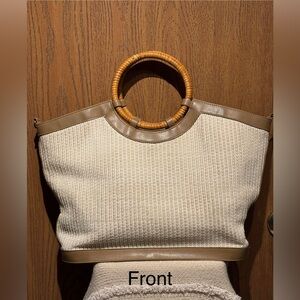 Fossil Straw Woven Purse Tote Handbag w/Circular Bamboo Handles Tan Leather Trim
